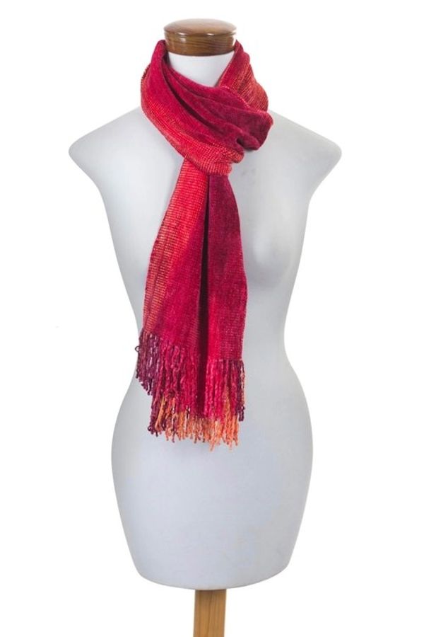 Alternate image for Red and Burgundy Handwoven Rayon Chenille Scarf Crimson Embrace