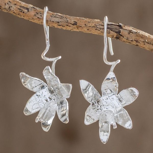 Alternate image for Sterling Silver Orchid Flower Drop Earrings from Costa Rica Fascinating Shining Orchids