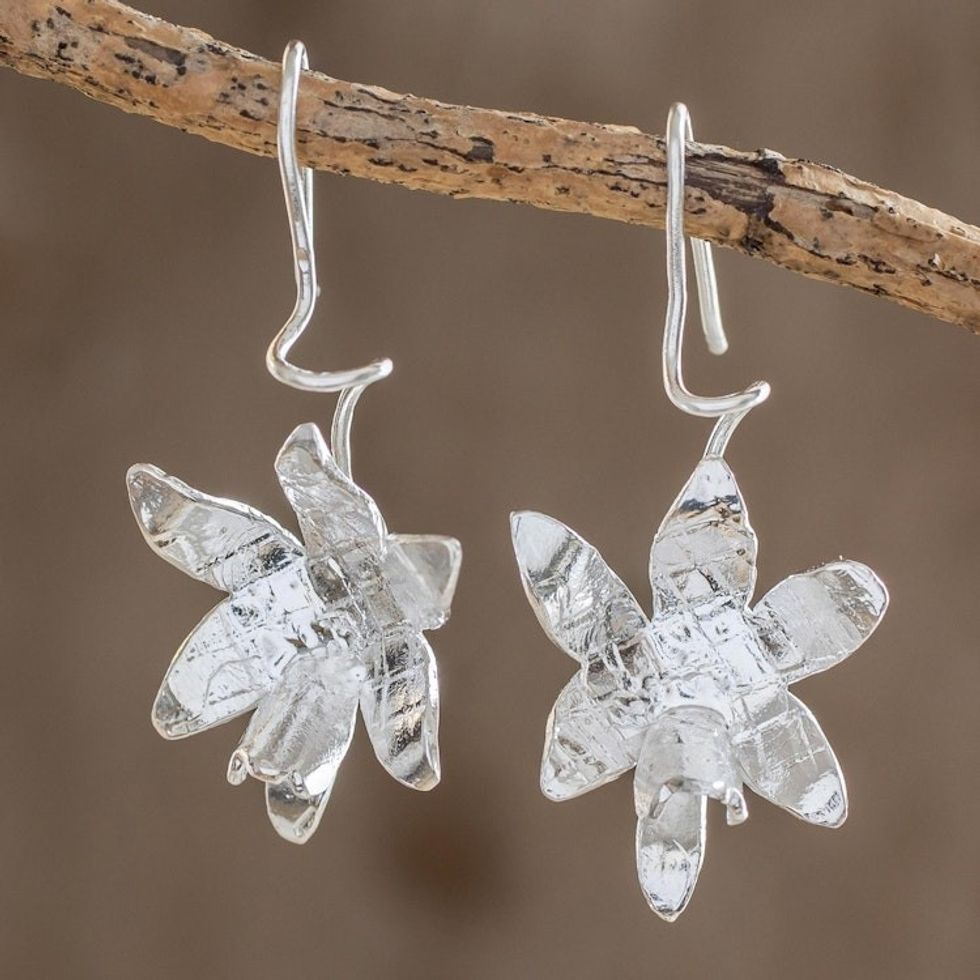 Sterling Silver Orchid Flower Drop Earrings from Costa Rica 'Fascinating Shining Orchids'