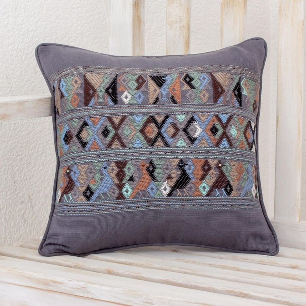 Handwoven Cotton Cushion Cover in Smoke from Guatemala 'Ancestral Depictions in Smoke'