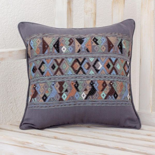 Alternate image for Handwoven Cotton Cushion Cover in Smoke from Guatemala Ancestral Depictions in Smoke