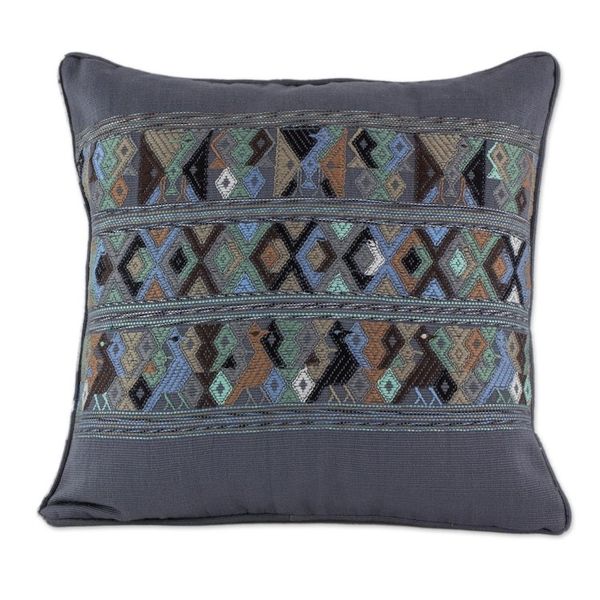 Alternate image for Handwoven Cotton Cushion Cover in Smoke from Guatemala Ancestral Depictions in Smoke