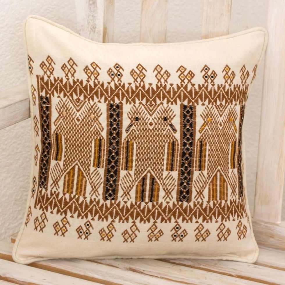 Two-headed Maya Eagle on Alabaster Cotton Cushion Cover 'Kot, Divine Eagle'