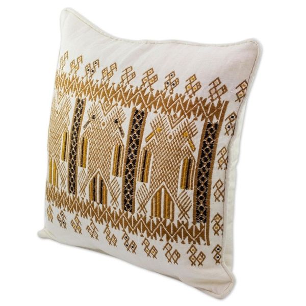 Alternate image for Two-headed Maya Eagle on Alabaster Cotton Cushion Cover Kot, Divine Eagle