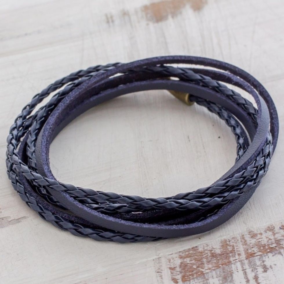 Braided Leather Wrap Bracelet in Blue from Guatemala 'Elegance and Style in Blue'