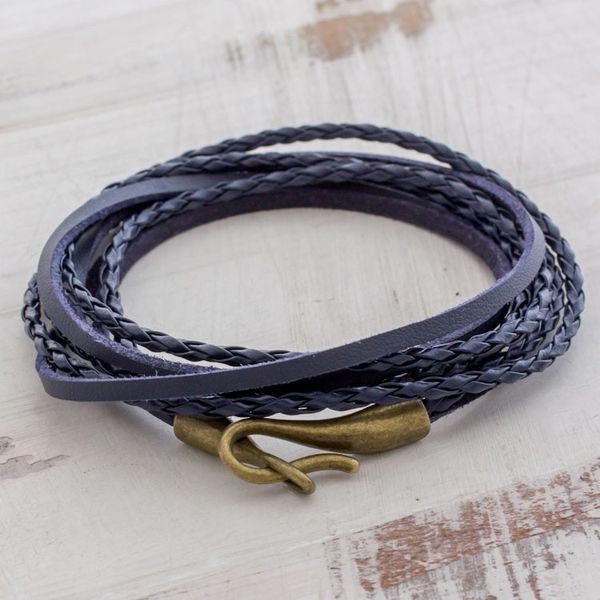 Alternate image for Braided Leather Wrap Bracelet in Blue from Guatemala Elegance and Style in Blue