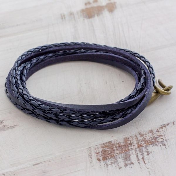 Alternate image for Braided Leather Wrap Bracelet in Blue from Guatemala Elegance and Style in Blue