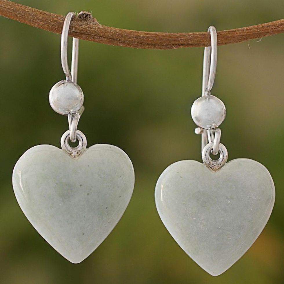 White Heart Shaped Jade Silver Dangle Earrings Guatemala 'Mayan Heart'