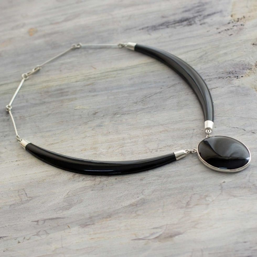 Black Jade Pendant Necklace with Sterling Silver 'Maya Elegance'