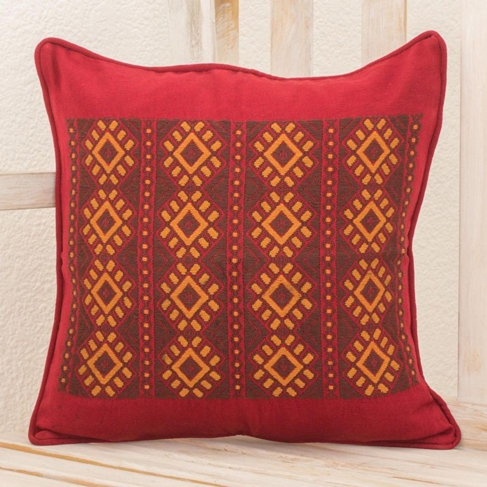 Maya Handwoven Burgundy Cotton Cushion Cover from Guatemala 'Stars of Solola'