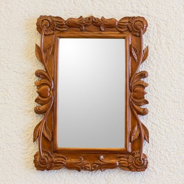 Alternate image for Guatemalan Hand Carved Flower and Heart Wood Wall Mirror Fairytale