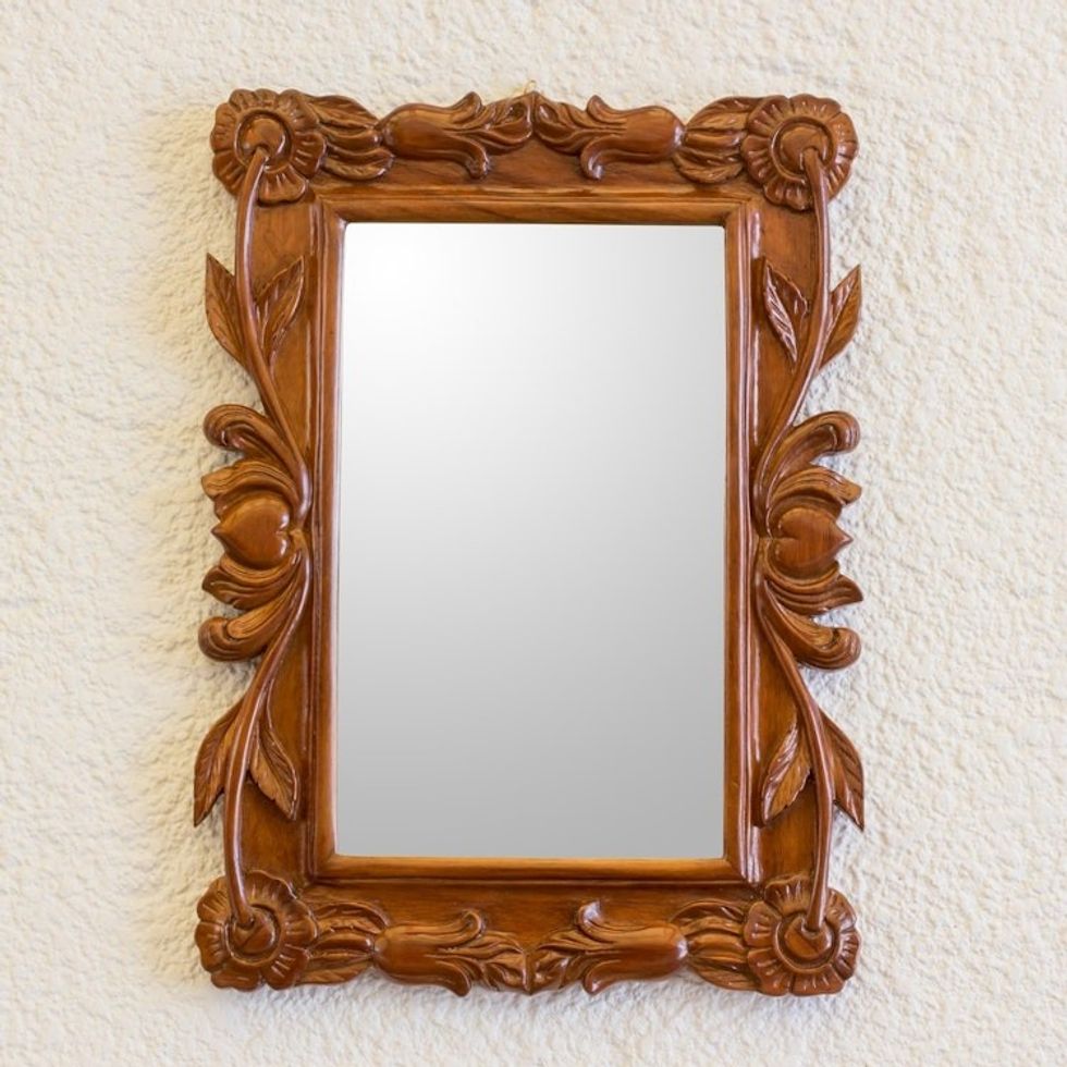 Guatemalan Hand Carved Flower and Heart Wood Wall Mirror 'Fairytale'