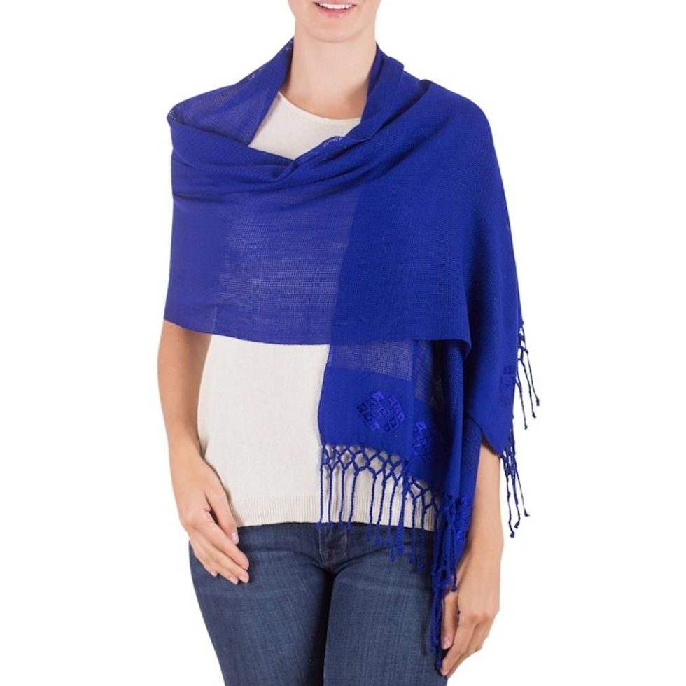 Artisan Crafted Women's Rayon Shawl Wrap 'Cobalt Blue Fiesta'