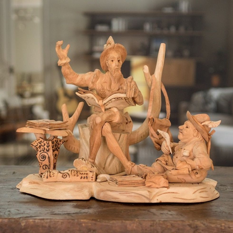 Cedar Wood Heirloom Quixote and Sancho Panza Sculpture 'Quixote Reads to Sancho Panza'