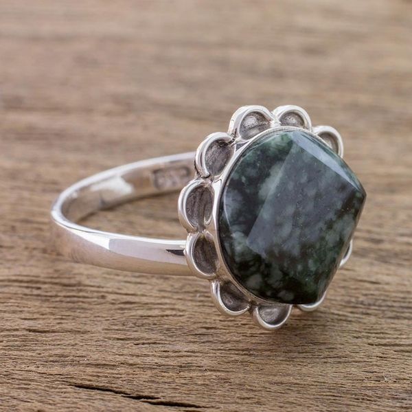 Alternate image for Handcrafted Dark Green Jade and Silver Floral Ring Dark Sunflower