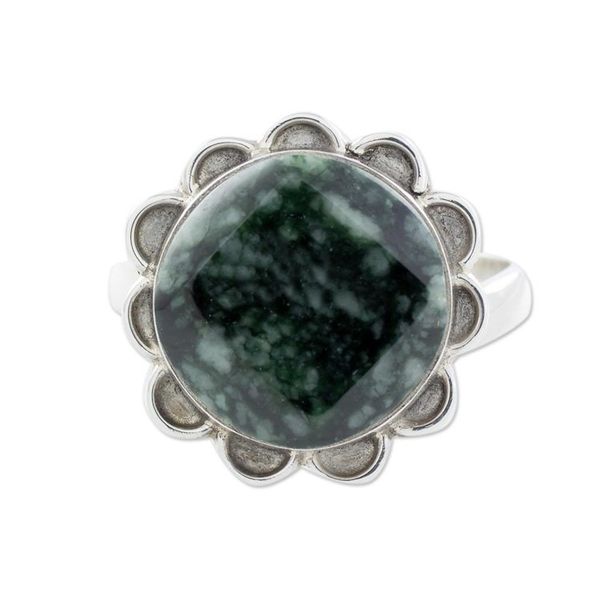 Alternate image for Handcrafted Dark Green Jade and Silver Floral Ring Dark Sunflower