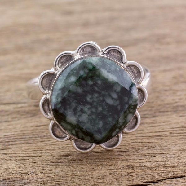 Alternate image for Handcrafted Dark Green Jade and Silver Floral Ring Dark Sunflower