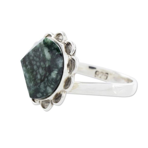 Alternate image for Handcrafted Dark Green Jade and Silver Floral Ring Dark Sunflower