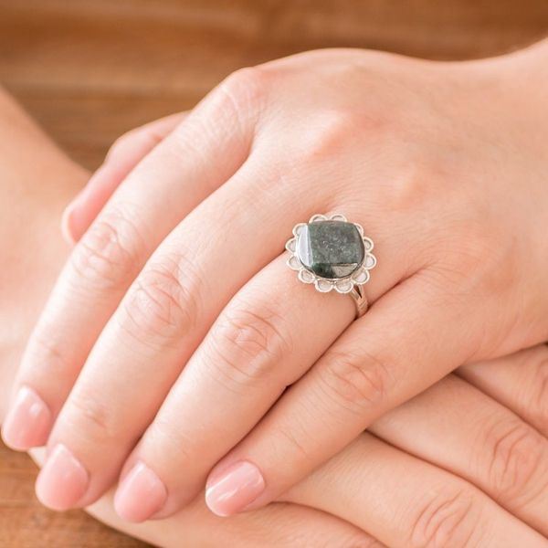 Alternate image for Handcrafted Dark Green Jade and Silver Floral Ring Dark Sunflower