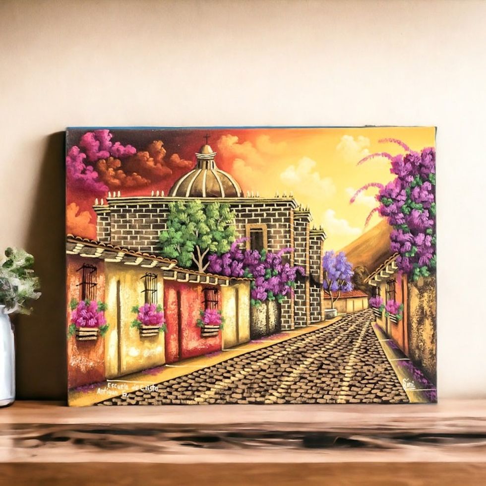 Sunset Tone Signed Painting of a Church in Guatemala 'School of Christ Church I'