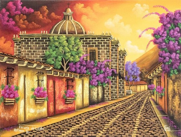 Alternate image for Sunset Tone Signed Painting of a Church in Guatemala School of Christ Church I