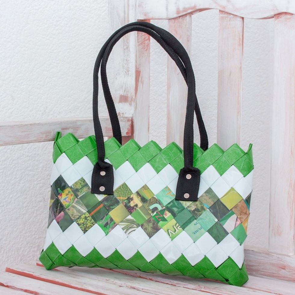 Handcrafted Green Recycled Magazine Paper Shoulder Bag 'New Fields'