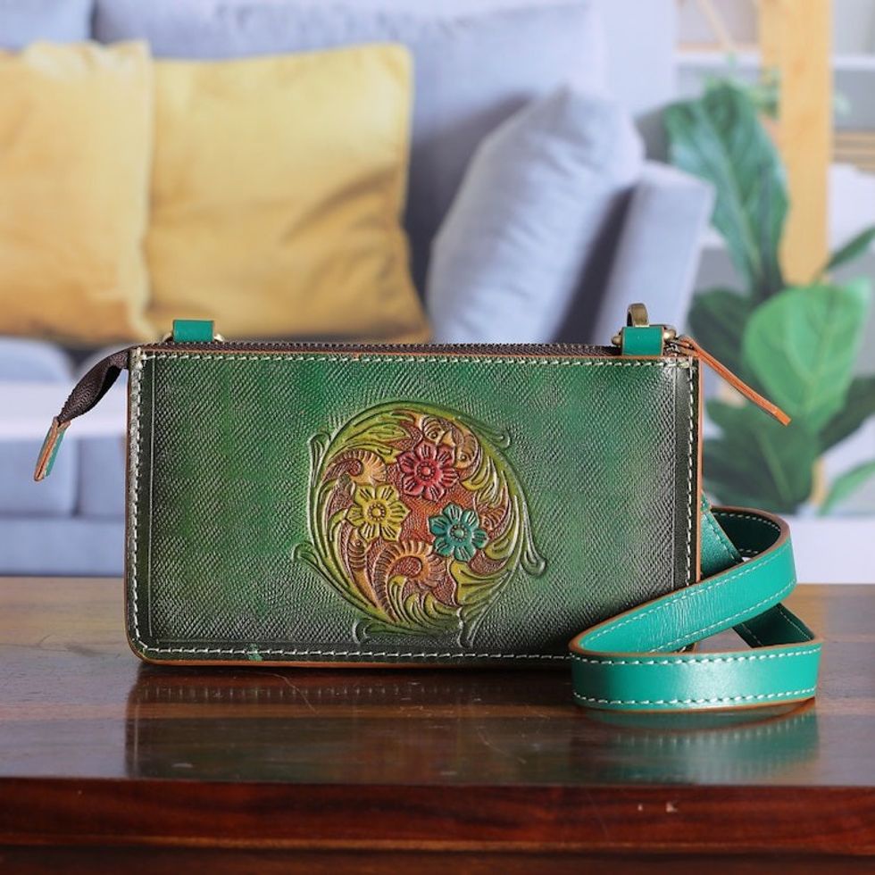 Spring-Themed Floral Dark Ivy Zippered Leather Clutch Sling 'Cycle of Blossoms'