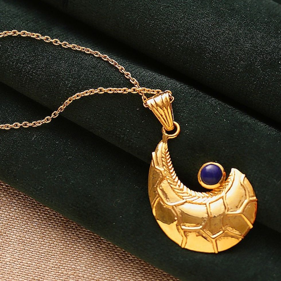 Semi-Abstract Lapis Lazuli Brass Pendant Necklace 'Wise Charmer'