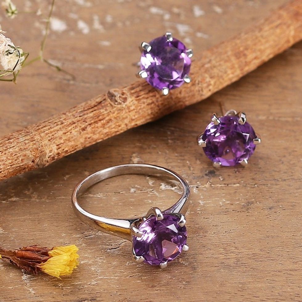 Rhodium-Plated Ten-Carat Faceted Round Amethyst Jewelry Set 'Purple Countess'