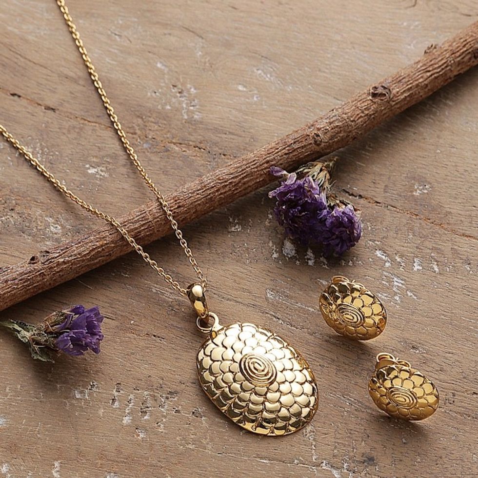 Polished Sunflower Brass Necklace and Earrings Jewelry Set 'Primaveral Grandeur'