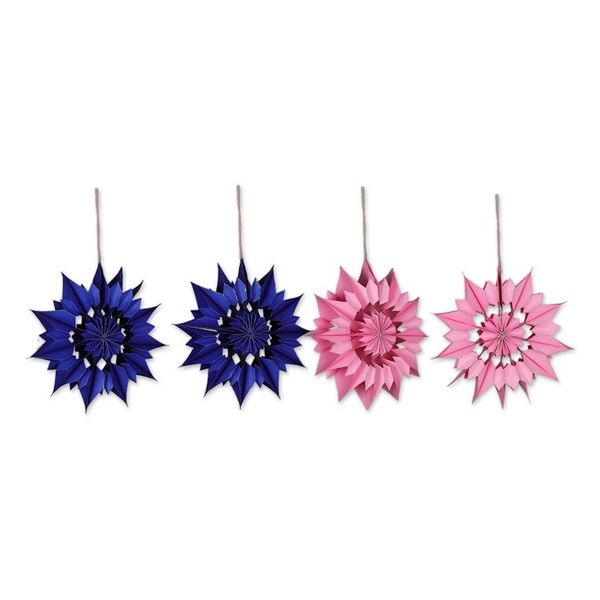 Alternate image for Artisan-Made Set of 4 Blue and Pink Flower Paper Ornaments Magical Carnival