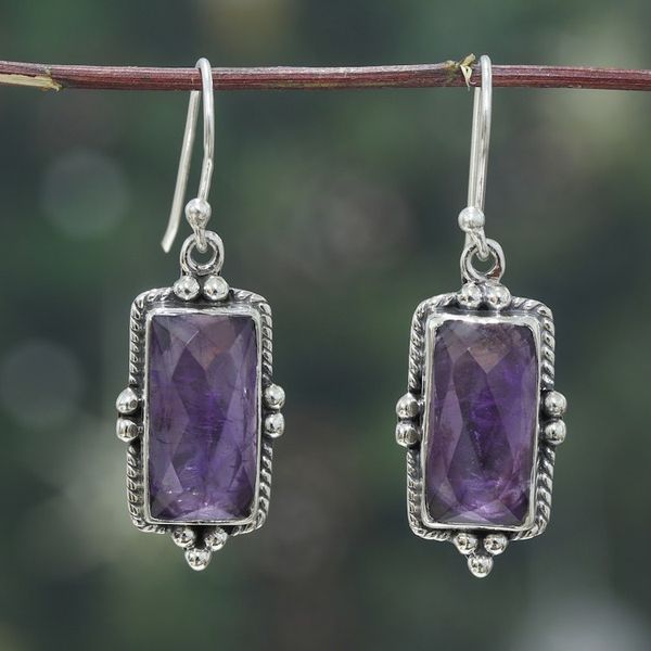 Alternate image for Faceted Checkerboard Amethyst Dangle Earrings with 5 Carats Triumph of Wisdom