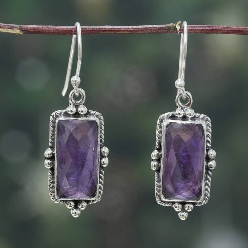 Faceted Checkerboard Amethyst Dangle Earrings with 5 Carats 'Triumph of Wisdom'