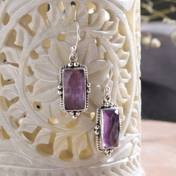 Alternate image for Faceted Checkerboard Amethyst Dangle Earrings with 5 Carats Triumph of Wisdom