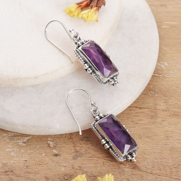 Alternate image for Faceted Checkerboard Amethyst Dangle Earrings with 5 Carats Triumph of Wisdom