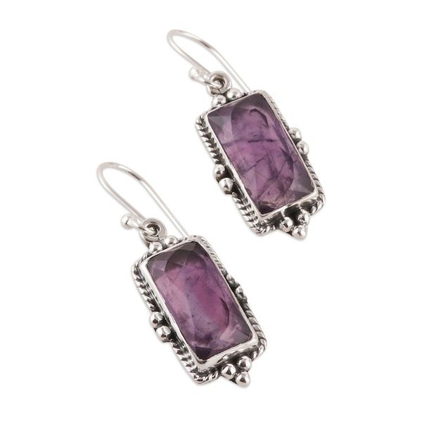 Alternate image for Faceted Checkerboard Amethyst Dangle Earrings with 5 Carats Triumph of Wisdom