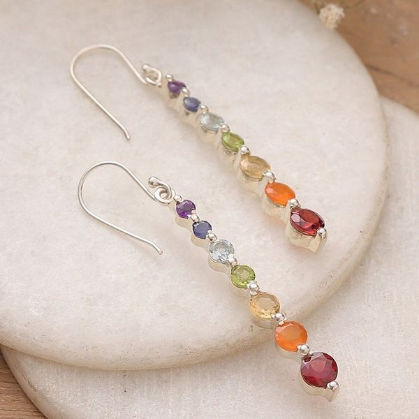 Alternate image for Chakra-Themed Colorful Multi-Gemstone Silver Earrings Sparkling Chakra