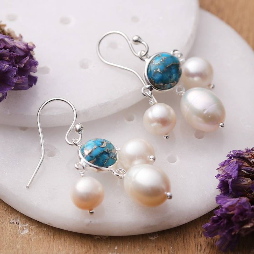 Recon Turquoise and Cream Cultured Pearl Chandelier Earrings 'Regal Sea'