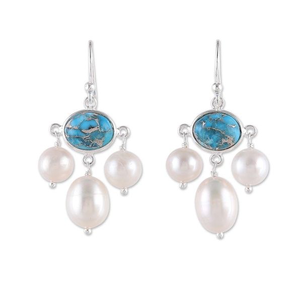 Alternate image for Recon Turquoise and Cream Cultured Pearl Chandelier Earrings Regal Sea