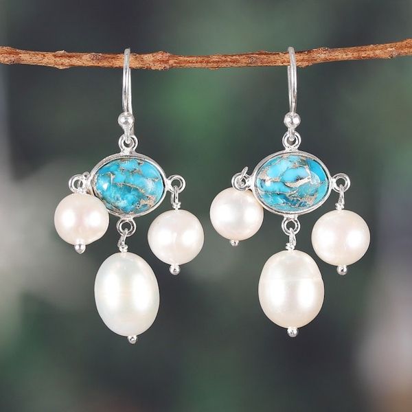 Alternate image for Recon Turquoise and Cream Cultured Pearl Chandelier Earrings Regal Sea