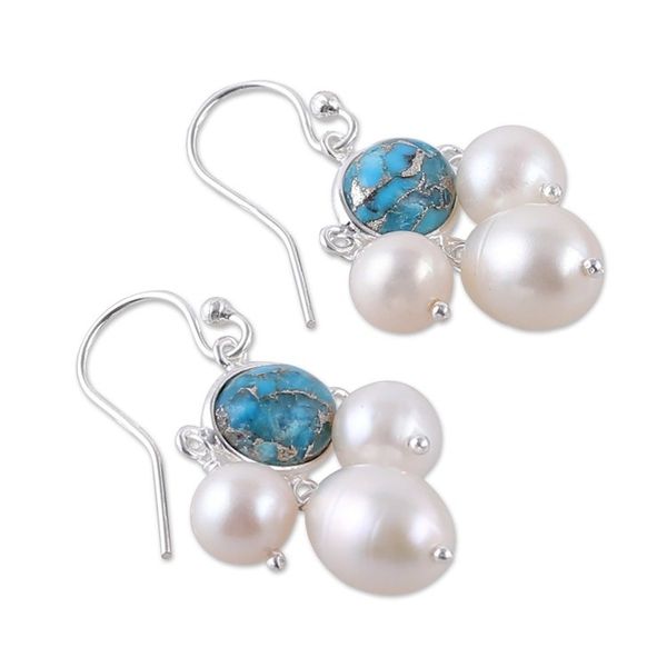 Alternate image for Recon Turquoise and Cream Cultured Pearl Chandelier Earrings Regal Sea