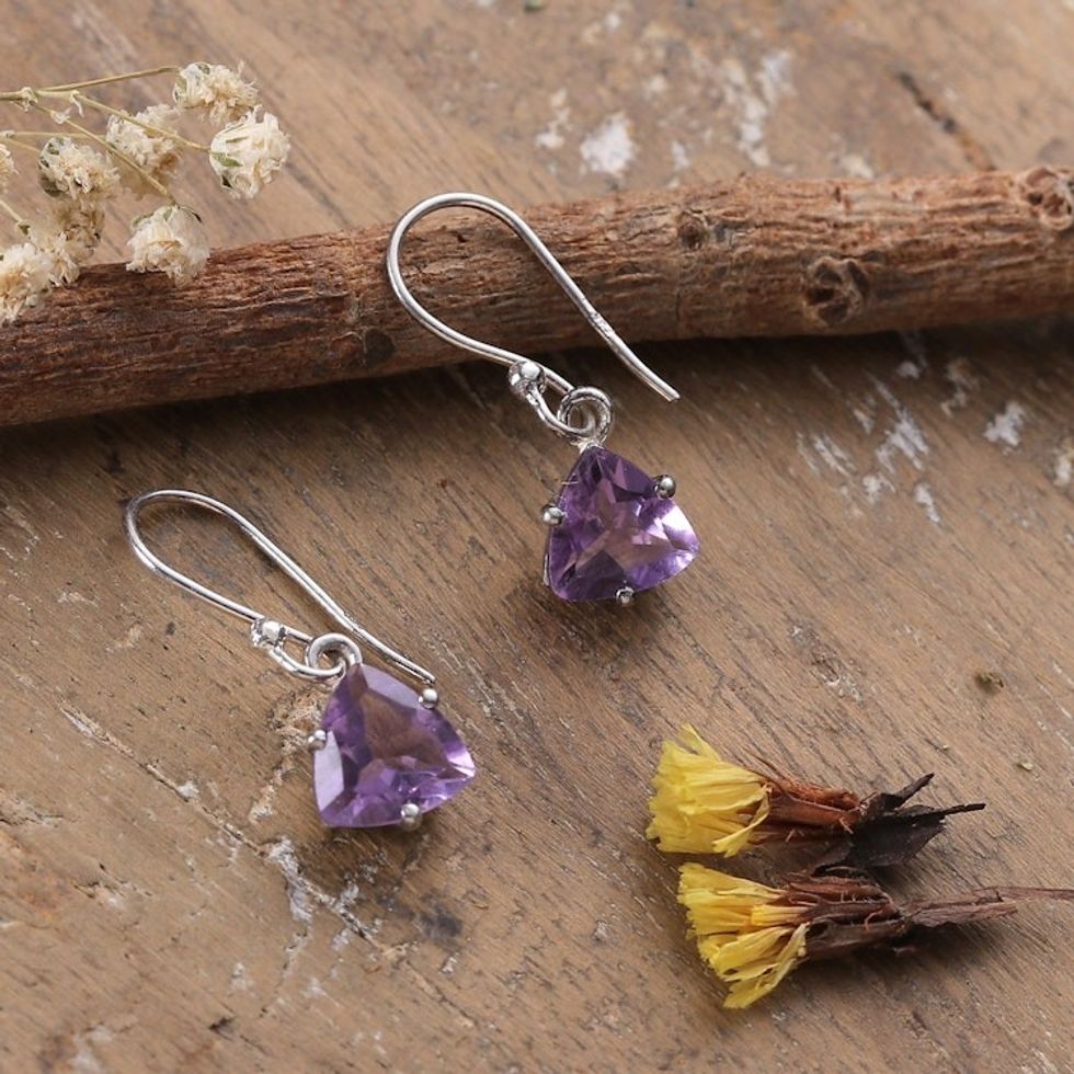 Five-Carat Triangle Amethyst Dangle Earrings Made in India 'Gem of Sages'
