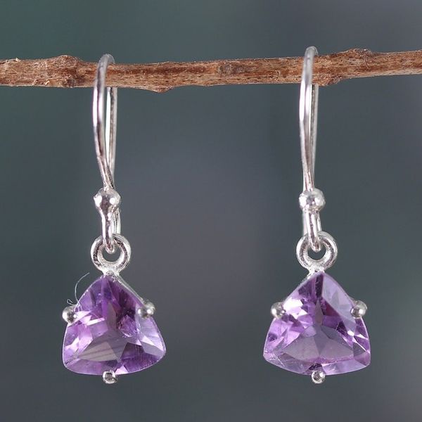 Alternate image for Five-Carat Triangle Amethyst Dangle Earrings Made in India Gem of Sages