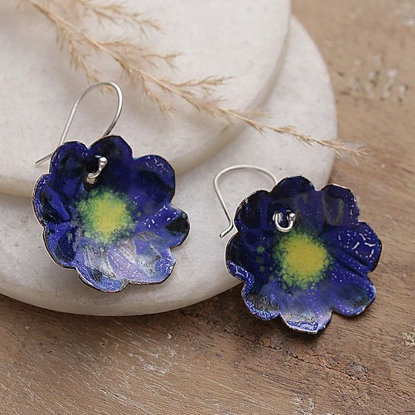 Alternate image for Floral Hand-Painted Blue and Yellow Copper Dangle Earrings Palatial Petals