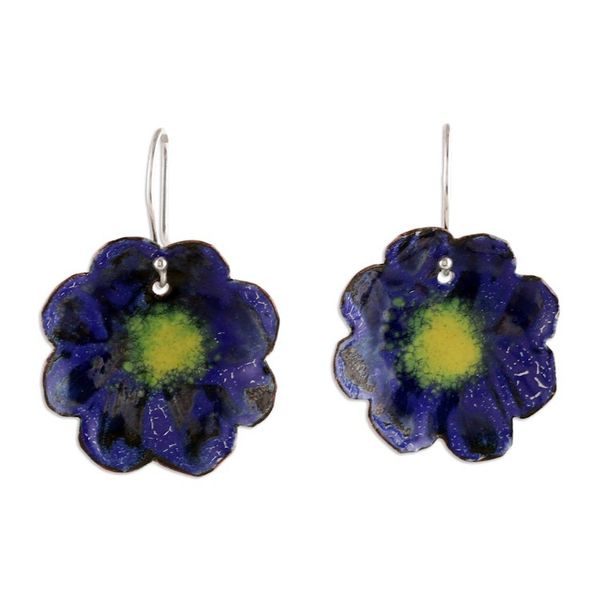Alternate image for Floral Hand-Painted Blue and Yellow Copper Dangle Earrings Palatial Petals