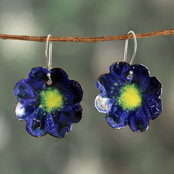 Alternate image for Floral Hand-Painted Blue and Yellow Copper Dangle Earrings Palatial Petals
