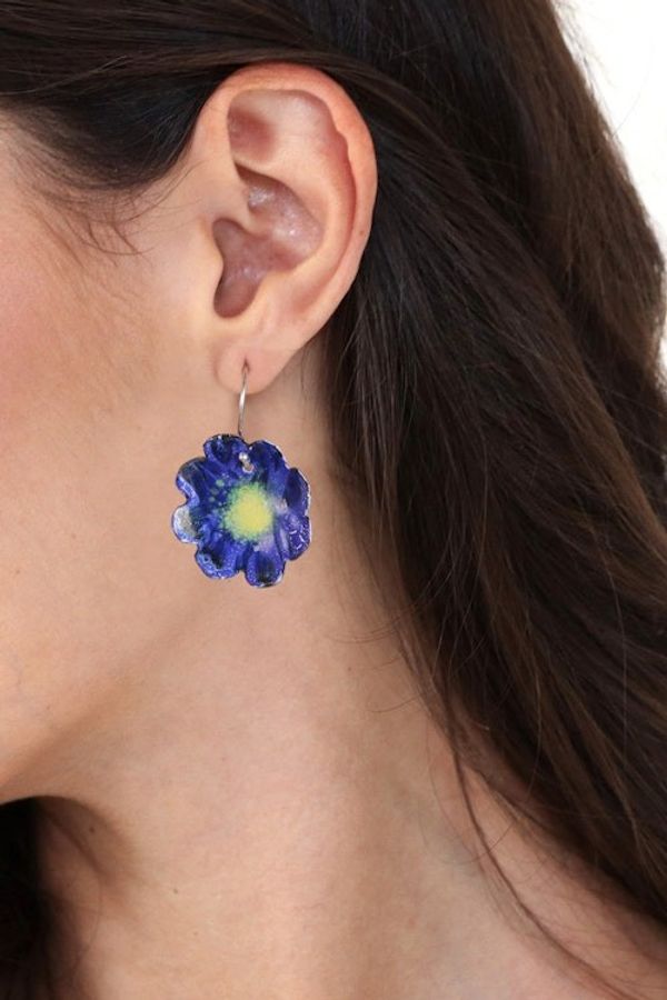 Alternate image for Floral Hand-Painted Blue and Yellow Copper Dangle Earrings Palatial Petals