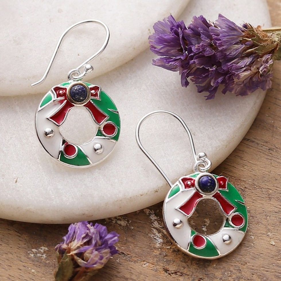 Christmas Wreath-Themed Lapis Lazuli Enamel Dangle Earrings 'Enchanted Holidays'