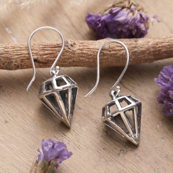 Alternate image for Gem-Shaped Sterling Silver Dangle Earrings Crafted in India New Bijou