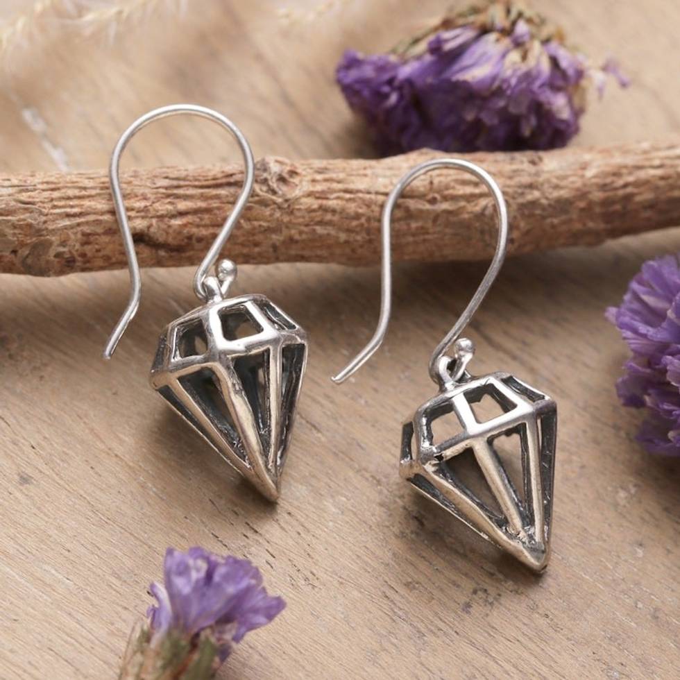 Gem-Shaped Sterling Silver Dangle Earrings Crafted in India 'New Bijou'